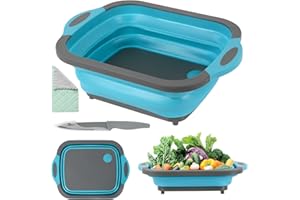 Gintan Foldable Chopping Board with Strainer 3-in-1 Multifunctional Chopping Board, Storage Basket for Home Kitchen Outdoor Camping Car Accessories Motorhome Accessories Picnic BBQ (Blue + Grey)
