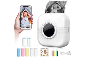 HERSANCE Mini Thermal Printer, Pocket Bluetooth Inkless Printers with 7 Rolls Printing Paper for Smartphone, Portable Sticker Printing Gift for DIY Label Receipt Photo Notes Study Home Office (White)