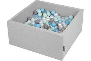KiddyMoon 90X40cm/300 Balls ∅ 7Cm / 2.75In Square Baby Foam Ball Pit Made In EU, Light Grey:Pearl/Grey/Transparent/Baby Blue/Mint