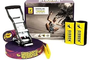 Gibbon Slacklines, Surfer Line, con Treewear, viola, 30 metri (27,5m di fettuccia slackline + 2,5 m slackline con cricchetto cucito) larghezza 2"/5 cm