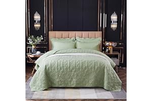 OKYUK 3-Piece Queen Quilt Set Quilted Bedspread Oversized Microfiber Lightweight Coverlet Set with Shams Reversible Printed Coverlet Bedding Set for All Season,220x240cm (Green, 220 * 240cm)