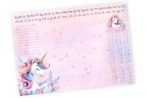 NIKIMA SCHÖNES FÜR KINDER Vade de escritorio tamaño A3, diseño de unicornio, color rosa, con pequeño 1 x 1 y alfabeto, 50 hojas, alfombrilla para colorear, 50 hojas, para niños y niñas