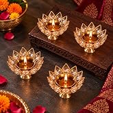 Collectible India Diwali Diya Crystal Round Akhand Diya for Puja Brass Small Kamal Deep Jyoti Oil Lamp for Home Temple Pooja 