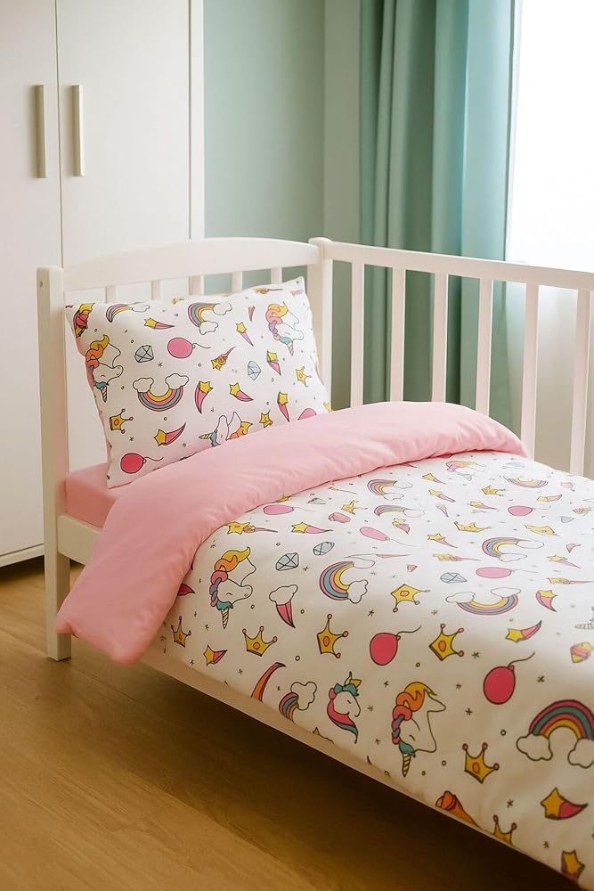 Bebek Özel Pamuklu Bebek Çocuk Nevresim Takımı 70x120 cm, Unicorn Pembe