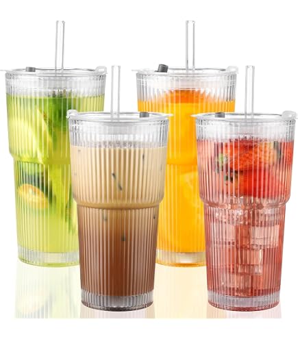 Set 2 Bicchieri In Vetro Con Coperchio Ermetico E Cannuccia – 600 Ml, Design Scanalato, Trasparenti – Per Smoothie, Cocktail, Caffè, Tè, Acqua, Birra - 4