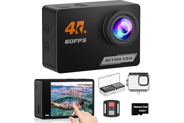 Camlance Caméra Sport 4K60FPS à Écran Tactile 48MP Caméra d'action avec 64GB Carte,40M Caméras Étanche,EIS Caméra sous-Marine 170° avec WiFi Télécommande,2 * 1350 mAh Divers Accessoires