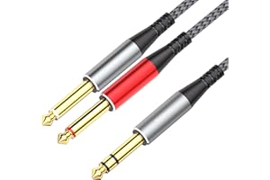 Tisino Câble Double Jack 6,35mm Y splitter TRS stéréo 6,35 mm vers 2 TS mono(2m), câble d'insertion Y-Splitter, câble de raccordement pour amplificateurs et tables de mixage