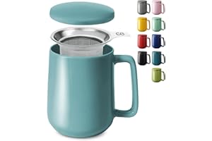 COSUMY Tazza di Ceramica con Filtro e Coperchio - 500ml Grande - Con Manico - Lavabile in Lavastoviglie - Per Tè e Infusi - Blu acqua