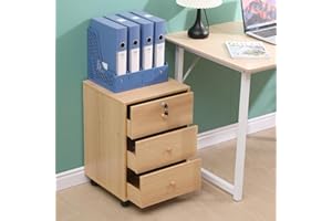 MENAKA Lockable 3 Drawers File Cabinet Mobile Under Desk Pedestal Beside Cabinet with Wheels Unit Document Storage, Wood Office Printer Stand Table Filing Side Drawers Nightstand on Caster (Oak)
