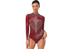 Fldy Damen Turnanzug Langarm Glitzer Strass Gymnastik Tanz Trikot Mit Durchsichtige Mesh Eislaufen Ballett Leotard