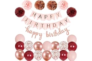 Ohighing Happy Birthday Weinrot Rosegold Geburtstag Party Deko Set Geburtstag Girlande Luftballons Burgund Rosegold Ballons 6 Pompoms Geburtstagsdeko Mädchen