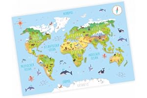 ‎NIKIMA SCHÖNES FÜR KINDER nikima - Kinder Weltkarte 3D in 3 Größen A3/ A2/ A1 Poster Plakat Tiere Erde Wandbild Kinderzimmer schöne Wanddeko Kontinente niedliche Tiere - A1-841 x 594 mm