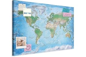 murando - Tableau à Épingles et Peinture sur Toile Combinés 120x80 cm - Avec Crochets Clous et Punaises Argentées - Panneau en Fibres pour Notes et Affichage - Carte du monde k-A-0127-v-a