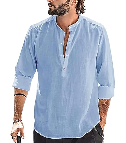 Chemise en lin monochrome vintage pour hommes,col montant,manches longues,cardigan décontracté