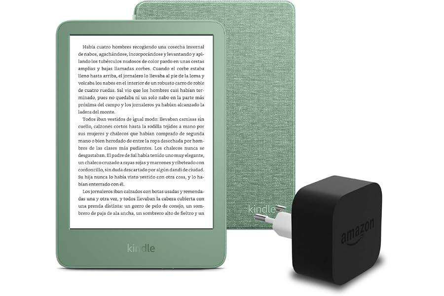 El nuevo Kindle (versión 2024) de 16 GB sin anuncios, una funda de tela de Amazon y un adaptador de corriente Amazon Powerfas
