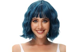 Luxiremi Perücken Grün Blau kurze Lockig Gewellt Perücke Bob mit Pony Kunsthaar Cosplay Perücke für Damen
