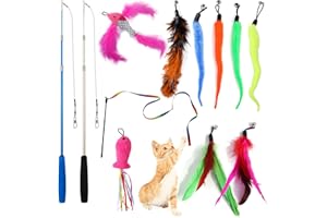 Petnice 12 Pack Cat Feather Toys, Interactive Cat Toys for Indoor Cat, 2 Cat Retractable Teaser Wand with 9Pcs Refills and 1 Fix Teaser Wand