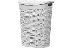 DANIEL JAMES HOUSEWARES 60L Laundry Basket with Lid - Large Plastic Washing Basket with Handles - Heavy-Duty Rattan Laundry Bin Hamper Clothes Storage Organiser for Bedroom & Bathroom - White, 60 Litre