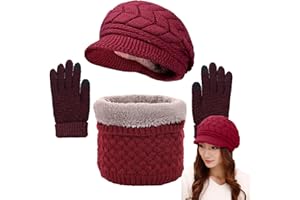 Joligiao Winter Hat Scarf and Gloves Set Women's Knitted Beret Hat Warm Thermal Neck Warmer Touchscreen Gloves 3 in 1 Crochet Set Winter Outdoor Sports
