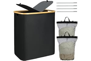 Wäschekorb , Bellzacasa 2 Fächer 140L Wäschebox mit Bambus Henkel&Herausnehmbaren Wäschesack, Faltbarer Wäschetonne Wäschesammler mit Deckel Wäschetruhe Wäschekörbe Laundry Baskets (Schwarz)