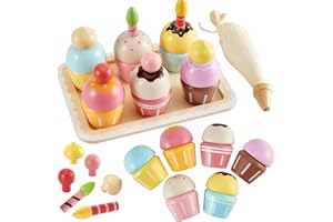 HERSITY Wooden Cupcakes Toys Girls Afternoon Tea Party Set, Pretend Role Play Food Desserts Kitchen Accessories Cake Baking Toy Sweets, Cooking Toys for 3 4 5 Year Old Boys Kids