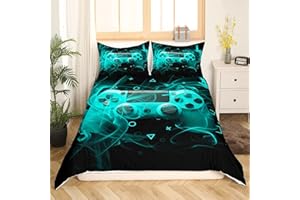 Tbrand Kinder Gamer Bettbezug Set Teens Gamepad Schlafzimmer Dekor für Jungen Mädchen Videospiel Controller Bettwäsche Set 135x200cm Jugendspielkonsole Betten Set Blau Schwarz Geometrie