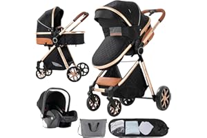 Nine point nine Poussette 3 en 1, Poussette Bebe avec Double Modes de Poussée Réversibles, Poussette Canne avec Grande Nacelle Confortable, Pousette avec Cadre Aluminium Haute Paysage (V9 Black)