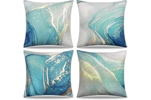 Dremisland Dekoracyjne poszewki na poduszki 45 x 45 cm, zestaw 4 marmurowych tekstur, turkusowe i złote, dekoracyjne poszewki na poduszki, abstrakcyjna, płynna sztuka, atrament, na sofę, kanapę,