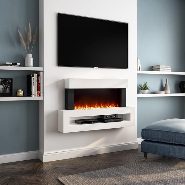 White Wall Mounted Electric Fireplace with LED Lights and Storage Shelf 47  inch - Amberglo : Amazon.co.uk: DIY u0026 Tools