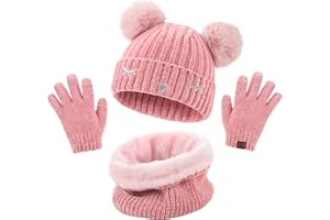 UMIPUBO Kids Warm Beanie Scarf Gloves Set 3 in 1 Winter Thermal Knitted Pom Pom Hats Neck Warmer Touchscreen Gloves For Children, 6-10 years