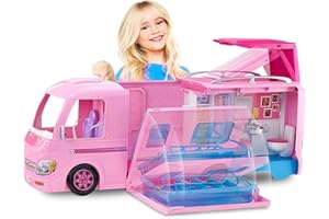 Barbie Camper, Transforming RV Vehicle, Doll Playset with 50 Accessories, Includes Waterslide, 2 Hammocks, Canopy Bed & Fireplace, Dream Camper, for Kids 3 to 7 Years Old, FBR34
