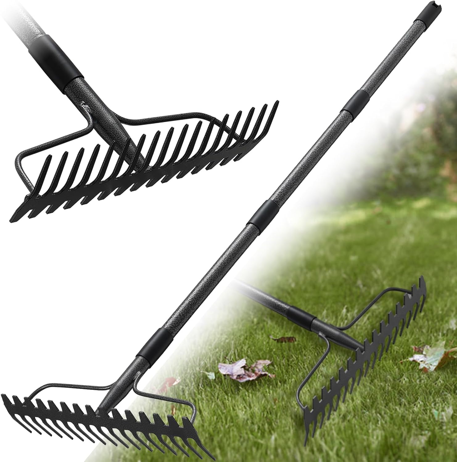 Garden Rake, Bow Rake Heavy Duty with 17 Tines, Garden Lawn Rake with Stainless Steel Handle 150 cm, Metal Rakes Garden Tools
