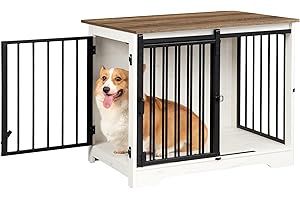 Hzuaneri Hundekäfig Möbel, 81cm hundebox für zuhause, Schiebetüren, 2 Türen, Moderne hundebox Holz Indoor für kleine/mittlere Hunde, Hundekäfig für Zuhause, 81 x 55 x 67,5cm, Weiß Braun DFC83614B