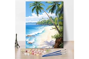 TISHIRON Malowanie według liczb dla dorosłych dla relaksu – plaża z palmami w Brazylii, 40 x 50 cm, motyw tropikalny, "zrób to sam", zestaw do malowania olejnego na płótnie, do domu, prezent (bez