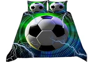 ‎TOSPASS Tospass Bettwäsche Set 200x200cm Kinder Fußball 3D Bedrucktes Mädchen Jungen Jungs 3 Teilig Weich Kinderbettwäsche Blau Grün Microfaser Kuschelig Bettbezug mit Reißverschluss 2 Kissenbezug 80x80cm