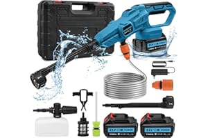 Sararoom 21V Nettoyeur Haute Pression sans Fil, 120Bar Nettoyeur Haute Pression Portable avec Une Buse Réglable 6 en 1, 2 Batteries, 5m Tuyau, Pot en Mousse pour Nettoyage de Voiture, Sol Jardin