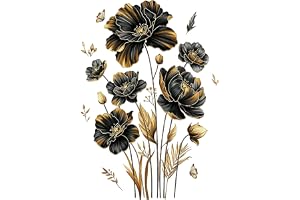 Väggtatuering blommor svart guld, stor | Väggdekal med blommor blad fjäril, självhäftande, gyllene växter, för vardagsrum sov