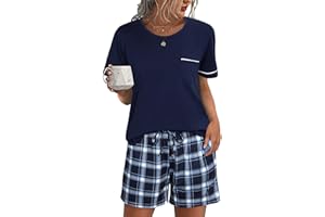 Irdcomps Piżama damska letnia bawełniana bielizna nocna damska seksowna i szorty w kratę z kieszeniami i sznurkiem