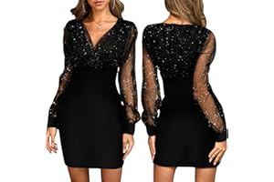 Bcenoilua Sukienka damska z cekinami, dekolt w serek, siateczka, długie rękawy, seksowna, smukła sukienka retro, odświętna, minisukienka, seksowna sukienka sylwestrowa, na imprezę, sukienka koktajlowa