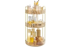 SONGMICS Makeup Organiser Rotating, 3-Tier Round Skincare Organiser, Customisable, Toiletries Cosmetics Organiser, Gift, Champagne Gold JKA011A01
