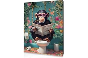 Qiukoo Funny Monkey Bathroom Wall Art – Waterproof Framed Canvas with Hanging Hooks, Toilet Wall Picture of Monkey Reading Newspaper, Humorous Bathroom or Toilet Decoration, 12 x 16 Inches