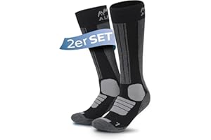 Alpenwert MERINO Skisocken [2 PAAR] für Herren, Damen und Kinder, 35-38, 39-42, 43-46, 47-50 warme Skistrümpfe, Wintersocken, Skifahren, Snowboarden - Farben: Grau/Schwarz, Türkis, Orange/Blau