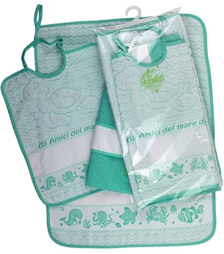 Lot 3 Pièces Bébé à Broder – Bavoir Éponge, Serviette + Sac – 100% Coton Made In Italy