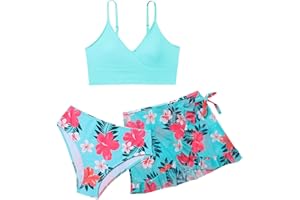 SOLU DAY8 Ensemble 3 Pièces Maillot De Bain Maillot De Bain Ado Fille 8-14 Ans Hauts De Maillots + Bas De Maillots Tanga + Jupe Maillot De Bain Adolescente Fille Natation Piscine Sport Plage