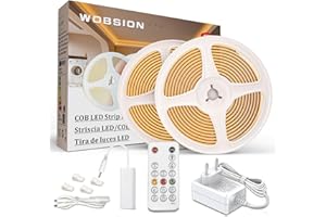 WOBSION Striscia LED Cucina COB 10M Dimmerabile con RF Telecomando,Bianco Caldo Strisce Kit 3000K per Festa,la Casa,Bar,Camera e Armadio,24V GS Alimentatore Luminoso Luci da 320LEDs/M,CRI90+