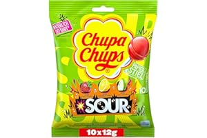 ‎CHUPA CHUPS Chupa Chups saure Lutscher, Nachfüll-Beutel mit 10 extra sauren Frucht-Lollis in den drei Geschmacksrichtungen Apfel, Erdbeere, Zitrone, geeignet für Geburtstag, 10 x 12g