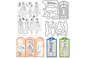 INFUNLY 3pcs Vintage Lady Clear Stamps and Dies for Card Making Tag Cutting Dies Butterfly Rubber Stamp Retro Women Transparent Stamps Frame Die Cutters for DIY Scrapbooking Photo Album Decoration