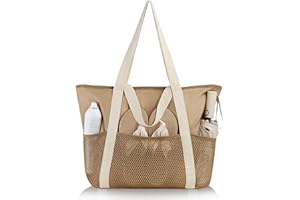 HOMESPON Beach Tote Bag for Women with Zip and Pockets Large Waterproof Mesh Holiday Handbag for Travel Swimming Pool Shopping Gym(Khaki)