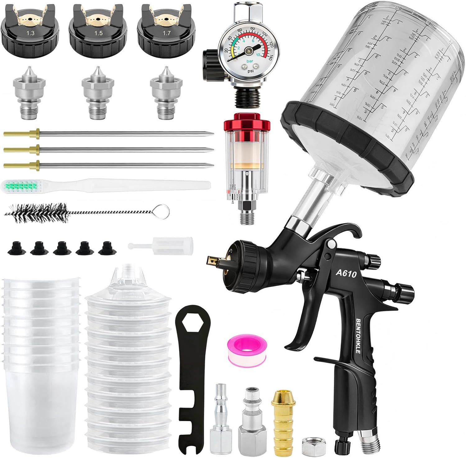 BENTOHKLE A610 LVLP Air Spray Gun with 10PCS 650ML Disposable Paint Cups, 1.3/1.5/1.7mm Nozzles& Air Gauge, R500 Automotive Paint Gun for Car Painting (LVLP Spray Gun with Disposable Paint Cups)