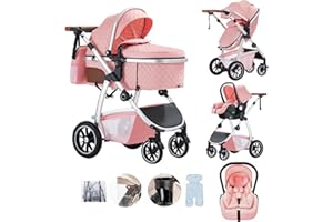 Lnhcrbs Set de Cochecito De Bebé 3 en 1, Cochecito Bebe de Altura Ajustable Con Asiento de Coche, cochecito bebe 3 piezas de Bebé para Bebés de 0-4 Años con Mosquitera Bolsa para Mamá Porta Biberón